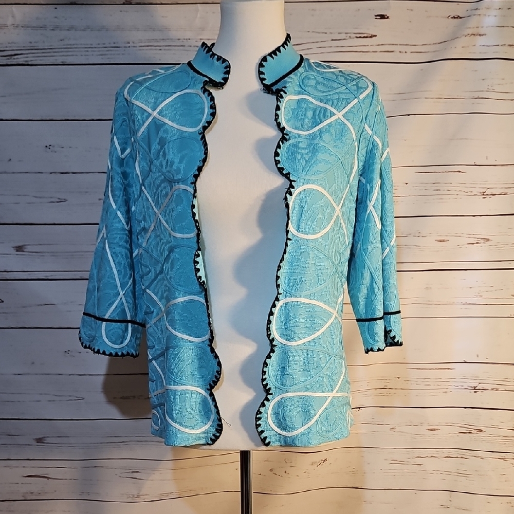 Ming Wang‎ Turquoise Blue Ribbon Embroidered Scalloped Trim Jacket Bohemian , M